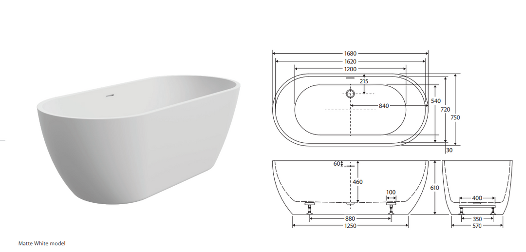 Fienza Koko Freestanding Acrylic Bath 1680mm with Overflow Matte White