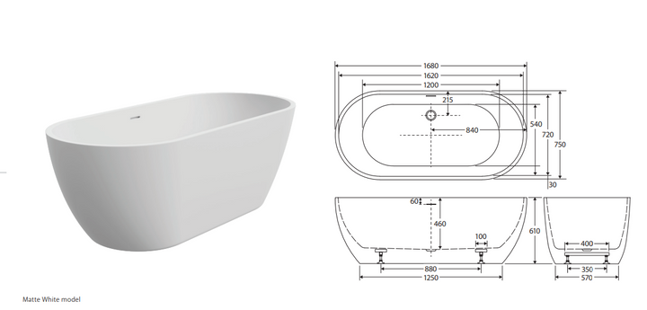 Fienza Koko Freestanding Acrylic Bath 1680mm with Overflow Matte White