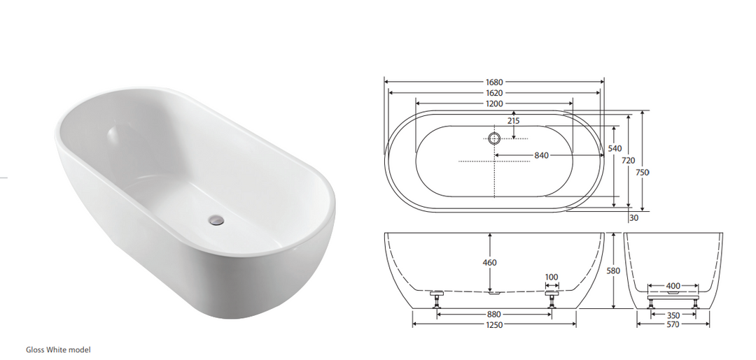 Fienza Koko Freestanding Acrylic Bath 1680mm Matte White No Overflow