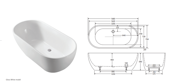 Fienza Koko Freestanding Acrylic Bath 1680mm Matte White No Overflow