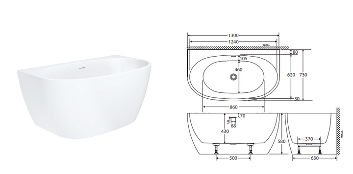 Fienza Keeto Back-To-Wall Acrylic Bath with Overflow 1300mm