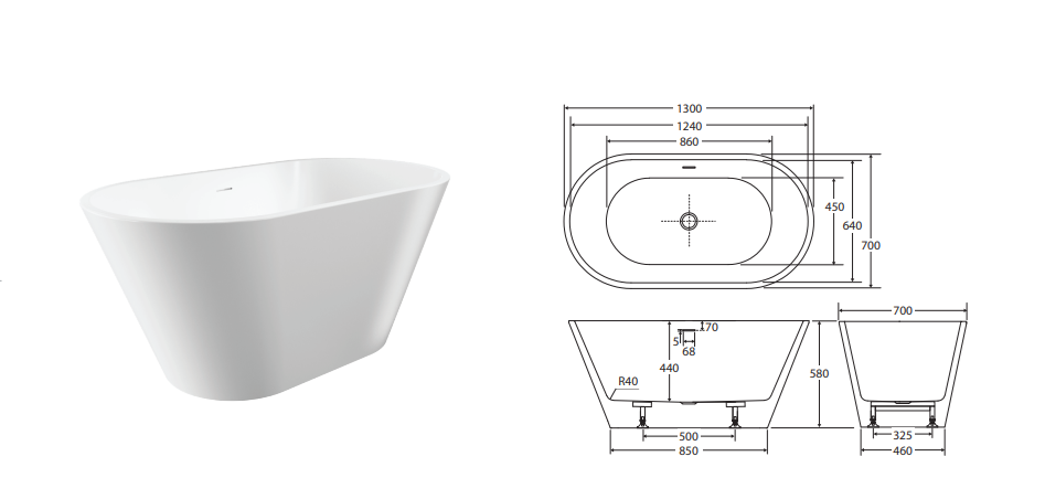 Fienza Austin Freestanding Acrylic Bath with Overflow 1300mm