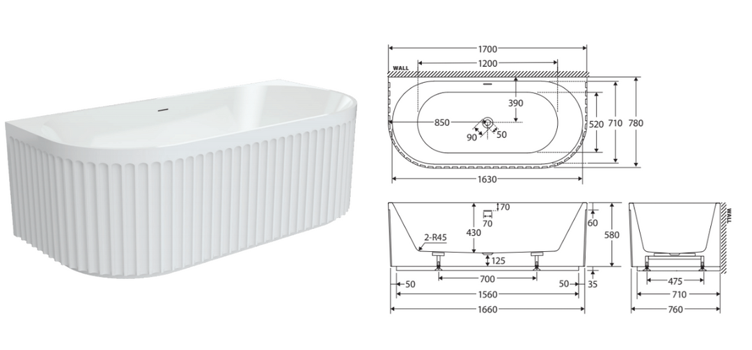 Fienza Eleanor Back-To-Wall Acrylic Gloss White Bath with Overflow 1700mm