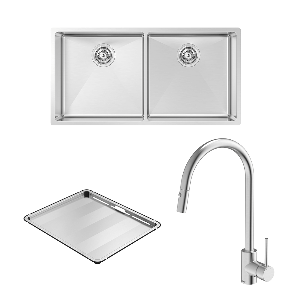 Abey Alfresco 400 Double Bowl Sink with Drain Tray &amp; KTA037-316-BR Kitchen Mixer