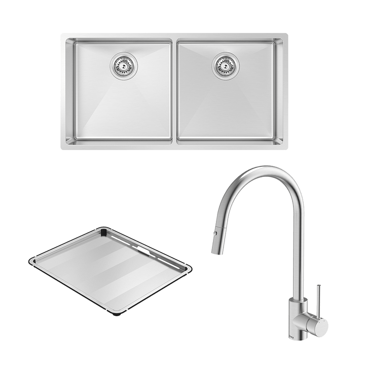Abey Alfresco 400 Double Bowl Sink with Drain Tray &amp; KTA037-316-BR Kitchen Mixer