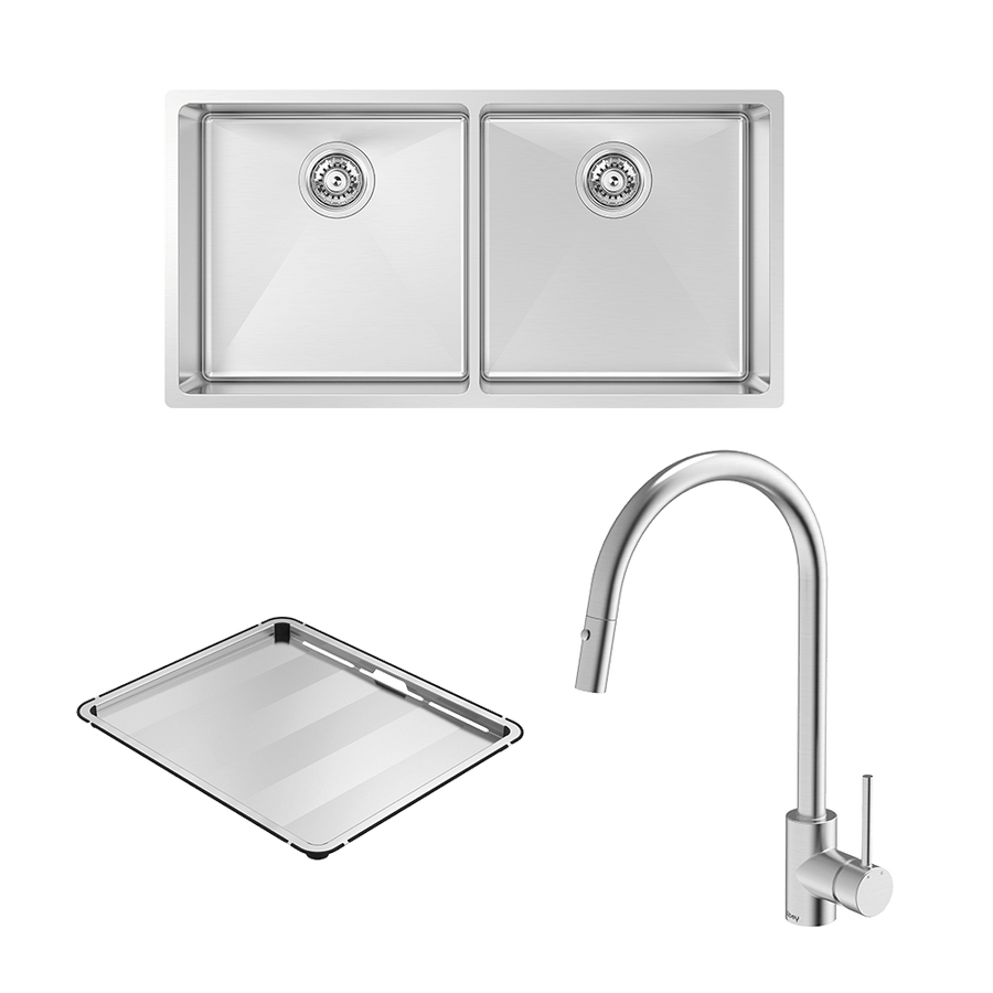 Abey Alfresco 400 Double Bowl Sink with Drain Tray & KTA037-316-BR Kitchen Mixer