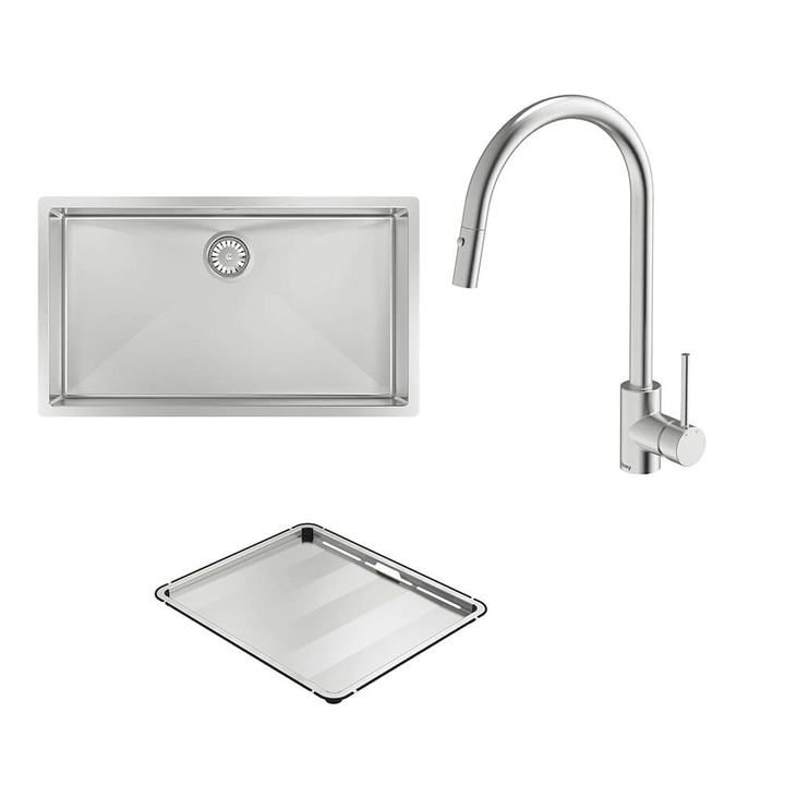 Abey Alfresco 700 Large Bowl Sink with Drain Tray &amp; KTA037-316-BR Kitchen Mixer