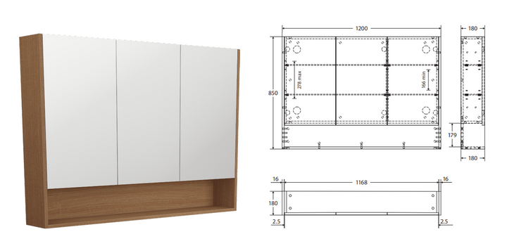 Fienza 1200 Mirror Cabinet with Display Shelf, Satin White