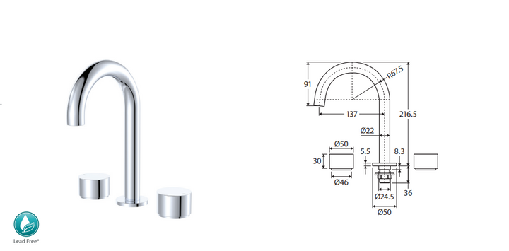 Fienza Kaya Round Hob Set Round Taps, Gun Metal