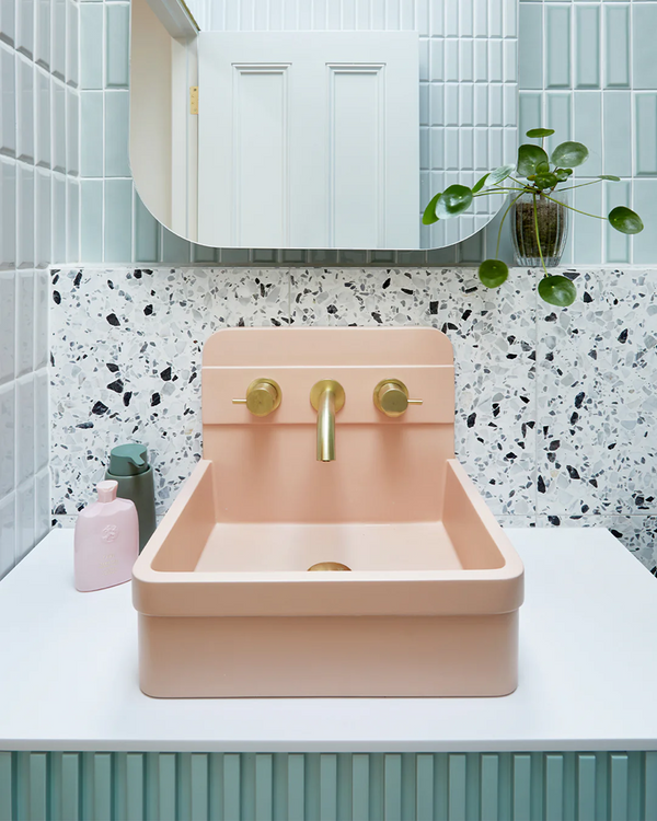 Matte black bathroom tapware fitting with modern square design