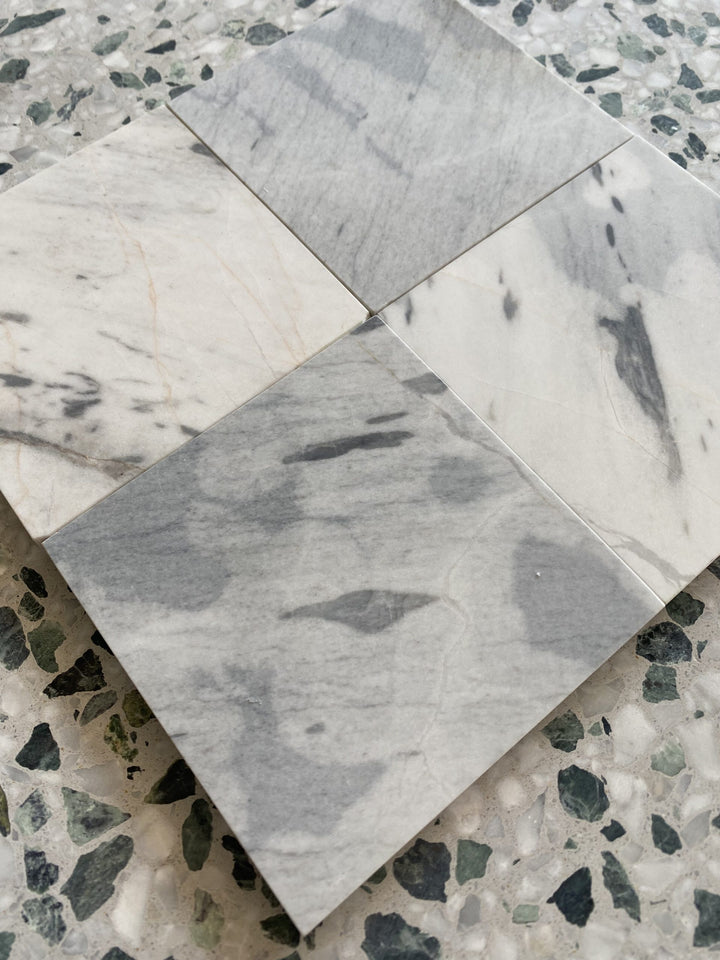 Terrazzo-style Italian porcelain tile with patterned surface and texture
