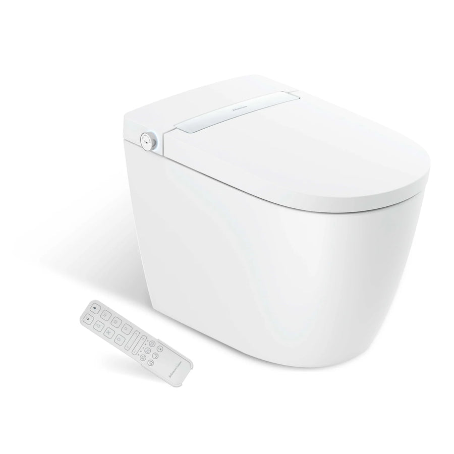 White smart toilet with remote control on a white background