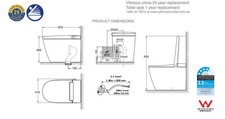 Technical diagram of a toilet with dimensions and replacement information on a white background