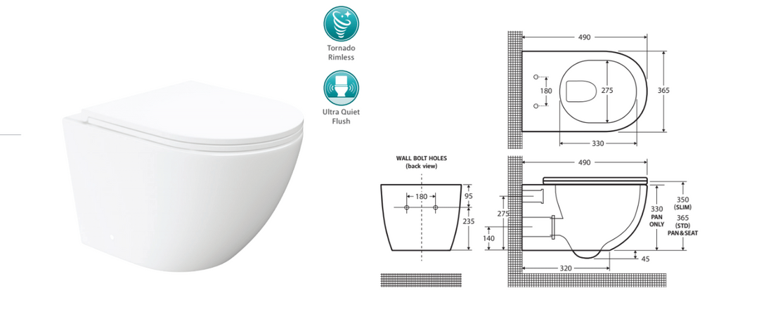 Fienza Koko Tornado Flush Wall Hung Toilet Suite, Gloss White with Slim Seat
