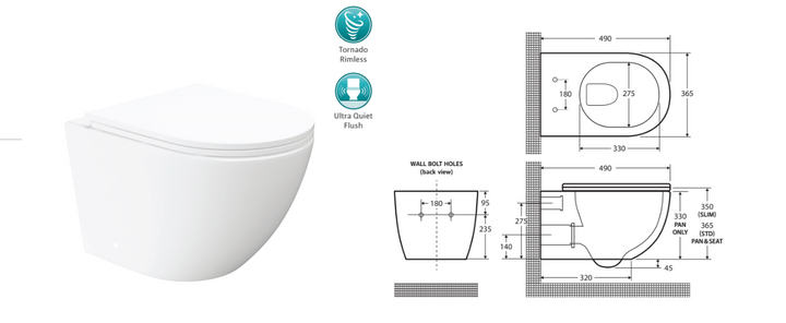Fienza Koko Tornado Flush Wall Hung Toilet Suite, Gloss White with Slim Seat
