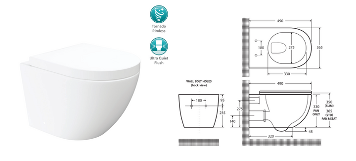 Fienza Koko Tornado Flush Wall Hung Toilet Suite, Gloss White