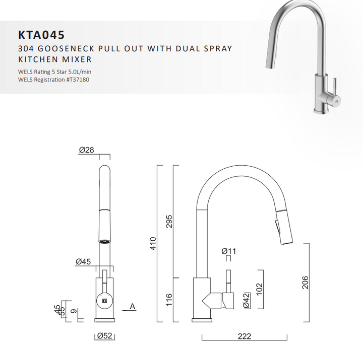Gareth Ashton 304 Gooseneck Pull Out Dual Spray Function Brushed Steel Kitchen Mixer