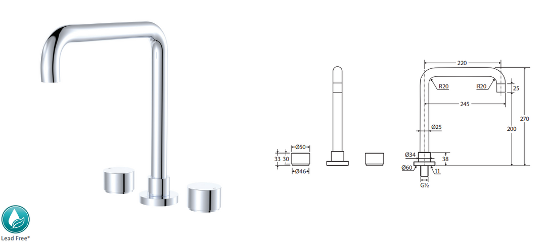 Fienza Kaya Squareline Hob Set, Round Taps, Gun Metal