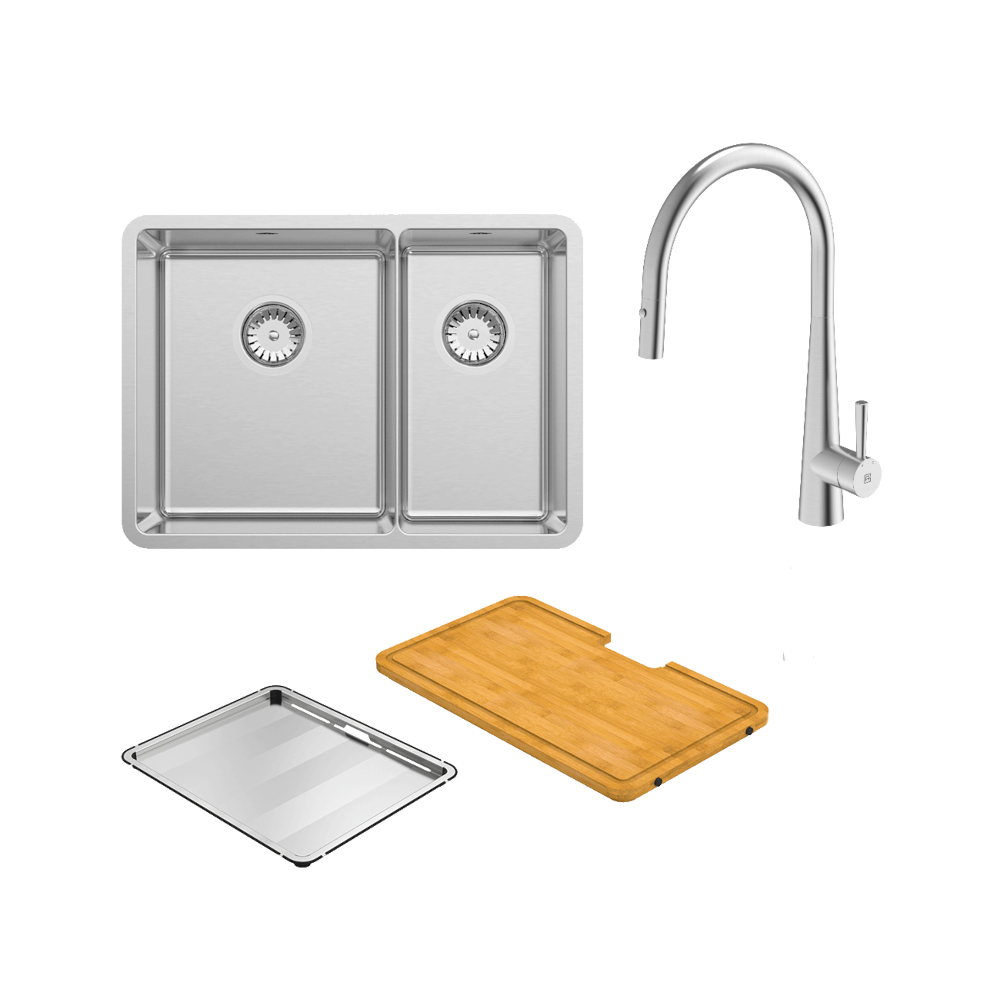 Abey Lucia Bowl &amp; a Half with KTA014-BR Kitchen Mixer, Drain Tray &amp; Cutting Board
