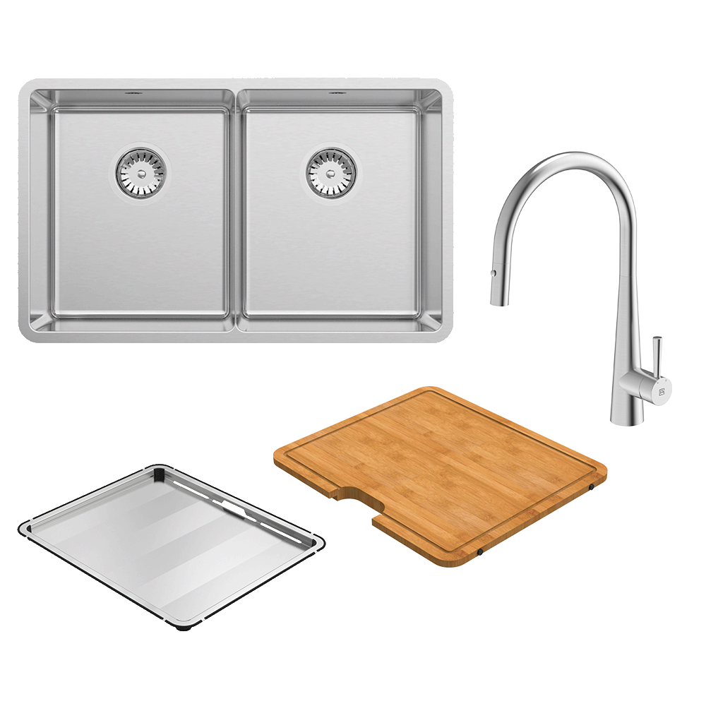 Abey Lucia Double Bowl with KTA014-BR Kitchen Mixer, Drain Tray &amp; Cutting Board
