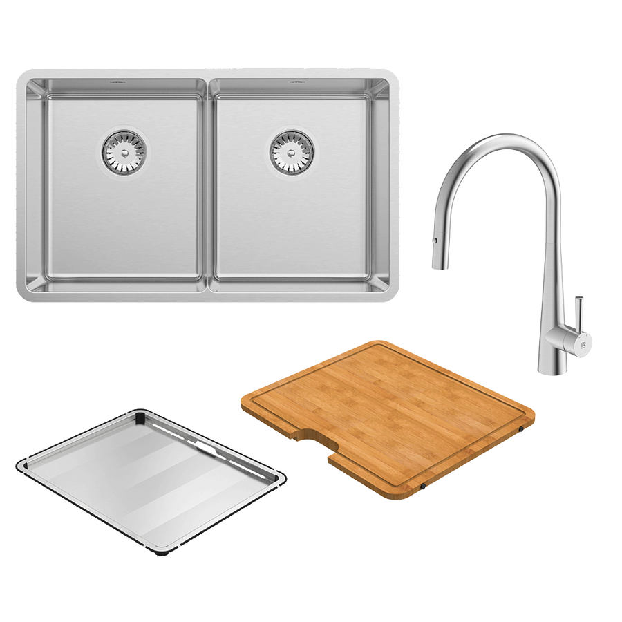 Abey Lucia Double Bowl with KTA014-BR Kitchen Mixer, Drain Tray & Cutting Board