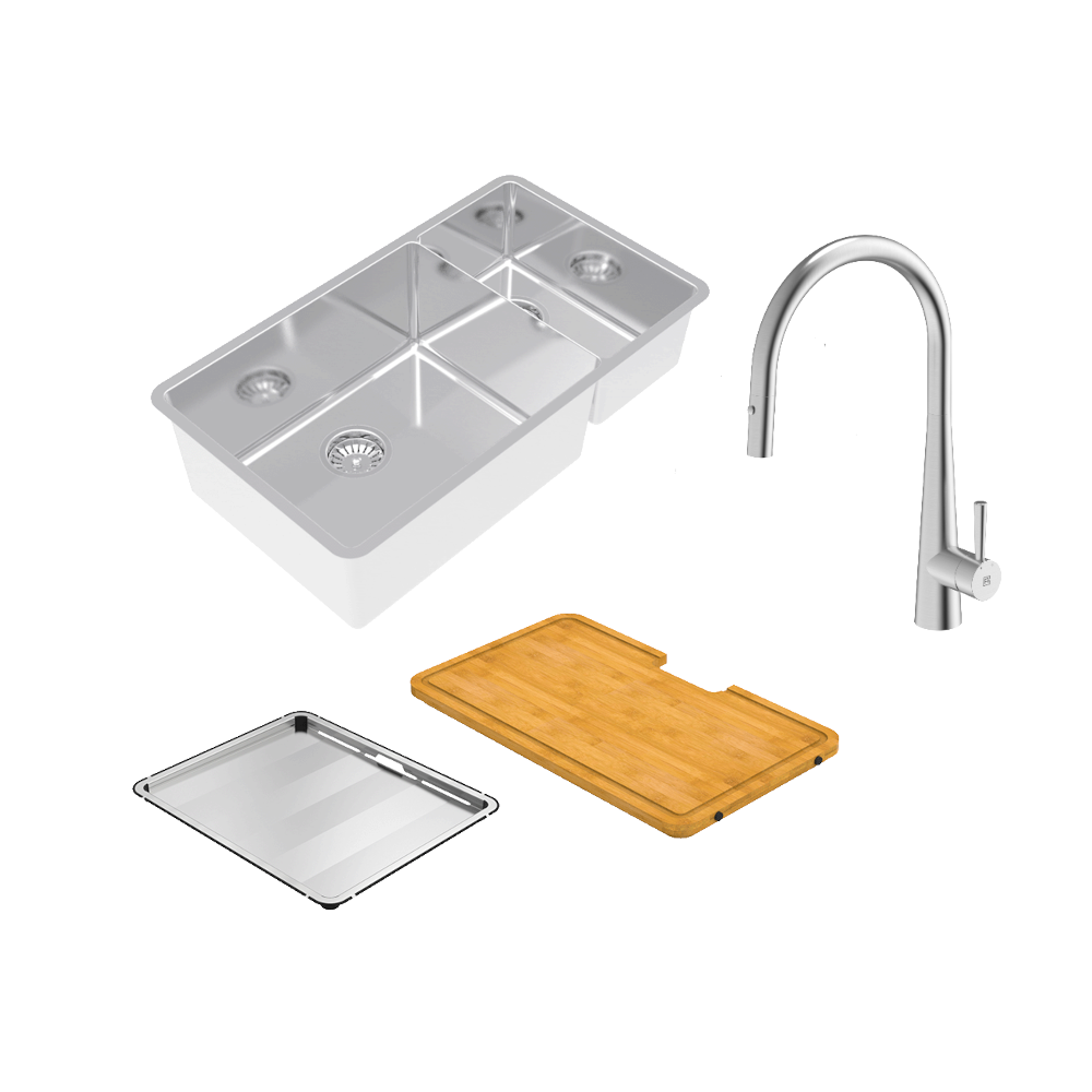 Abey Lucia Bowl &amp; Three Quarter With KTA014-BR Kitchen Mixer, Drain Tray &amp; Cutting Board