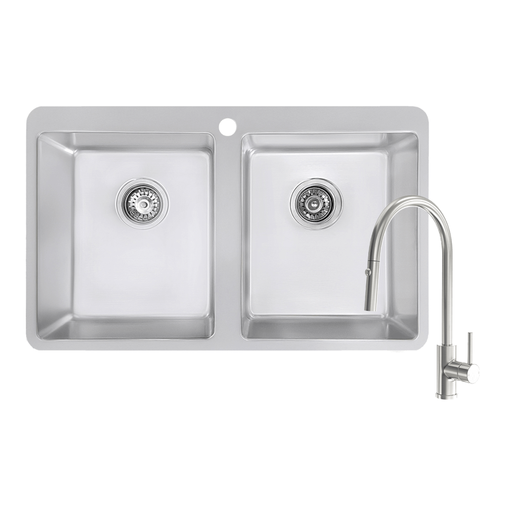 Abey Builders Double Bowl 1TH Sink &amp; Pull Out Kitchen Mixer