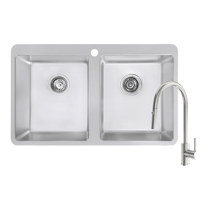 Abey Builders Double Bowl 1TH Sink &amp; Pull Out Kitchen Mixer