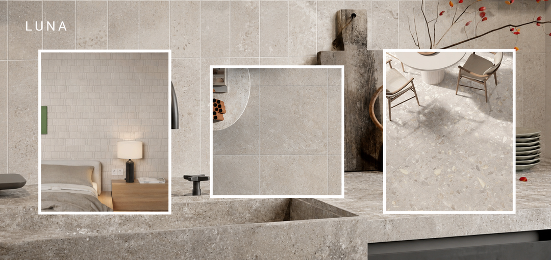 Luna Collection Stone &amp; Terrazzo Look Porcelain Tiles - White