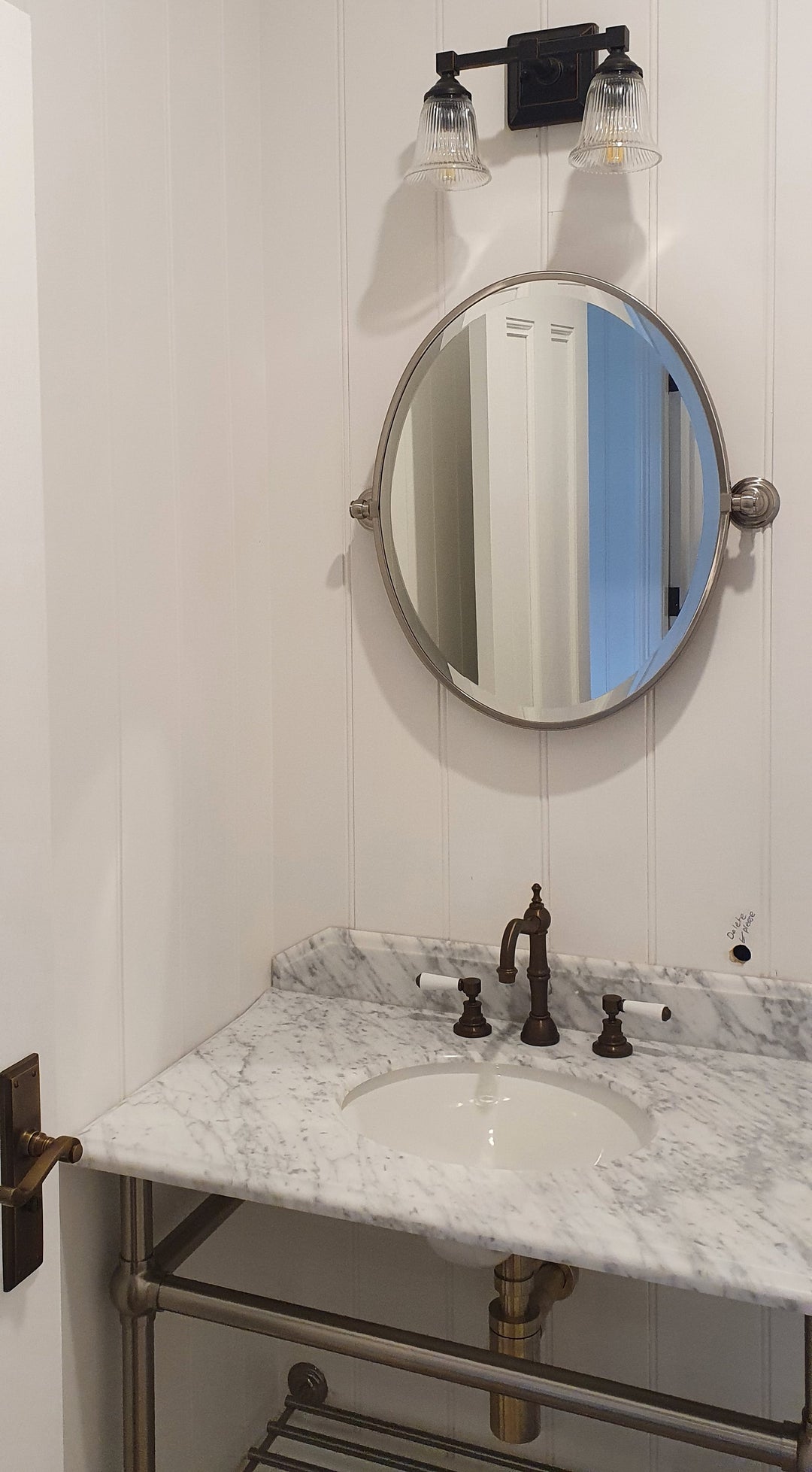 Turner Hastings Mayer Basin Stand With 75 x 55 Real Carrara Marble Top - Brushed Nickel
