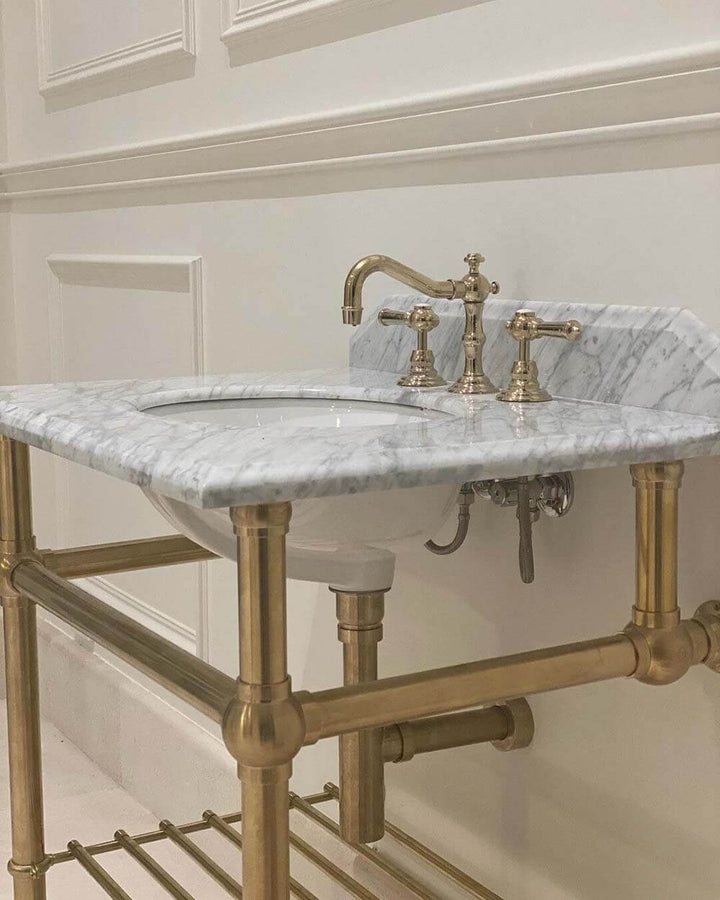 Turner Hastings Mayer Basin Stand With 75 x 55 Real Carrara Marble Top - Brushed Brass