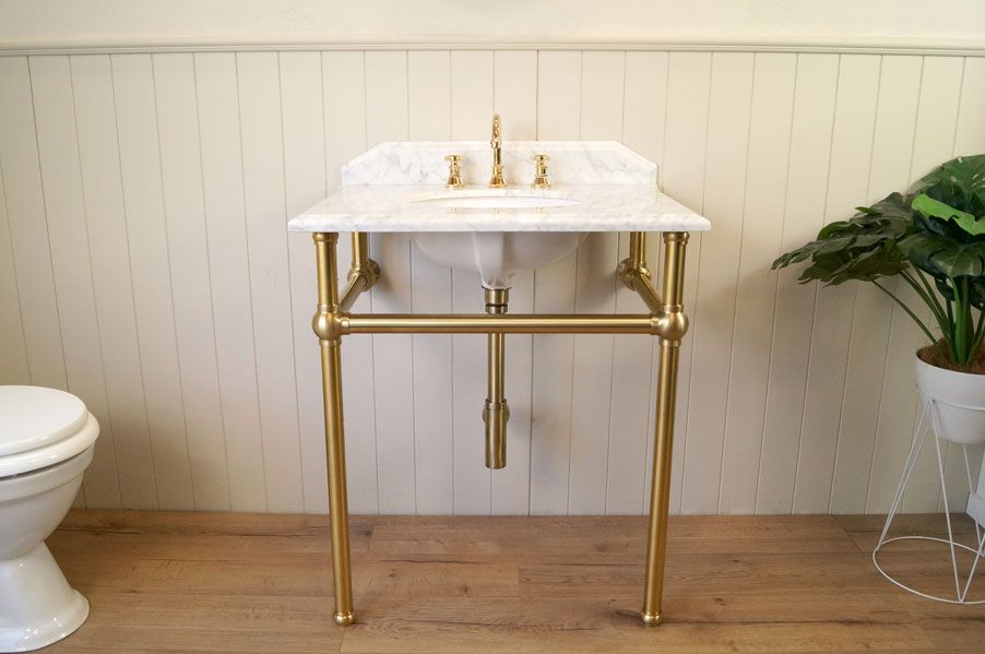 Turner Hastings Mayer Basin Stand With 75 x 55 Real Carrara Marble Top - Brushed Brass