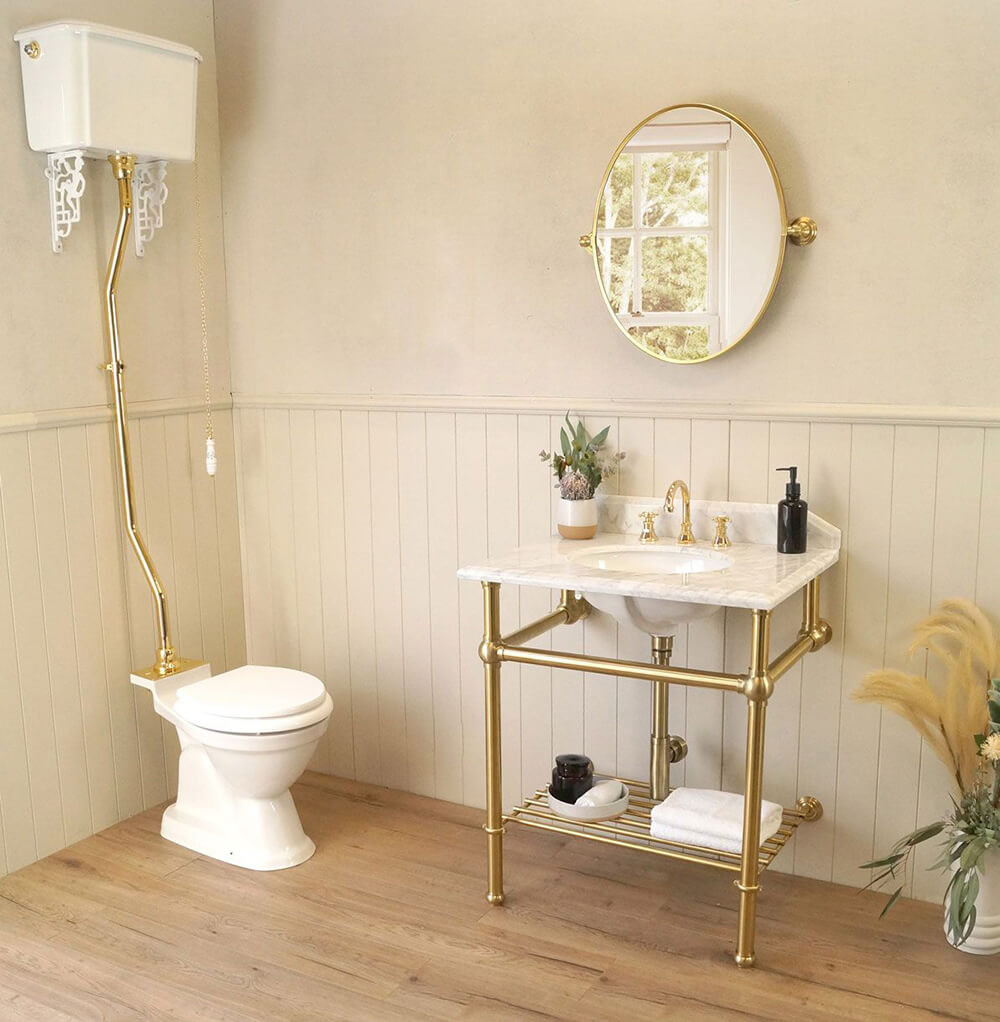 Turner Hastings Mayer Basin Stand With 75 x 55 Real Carrara Marble Top - Brushed Brass