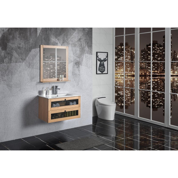 Wall mounted white bathroom vanity with wooden storage