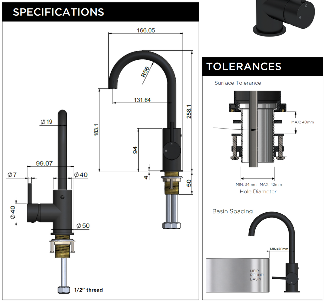 Meir Round Gooseneck Basin Mixer with Cold Start