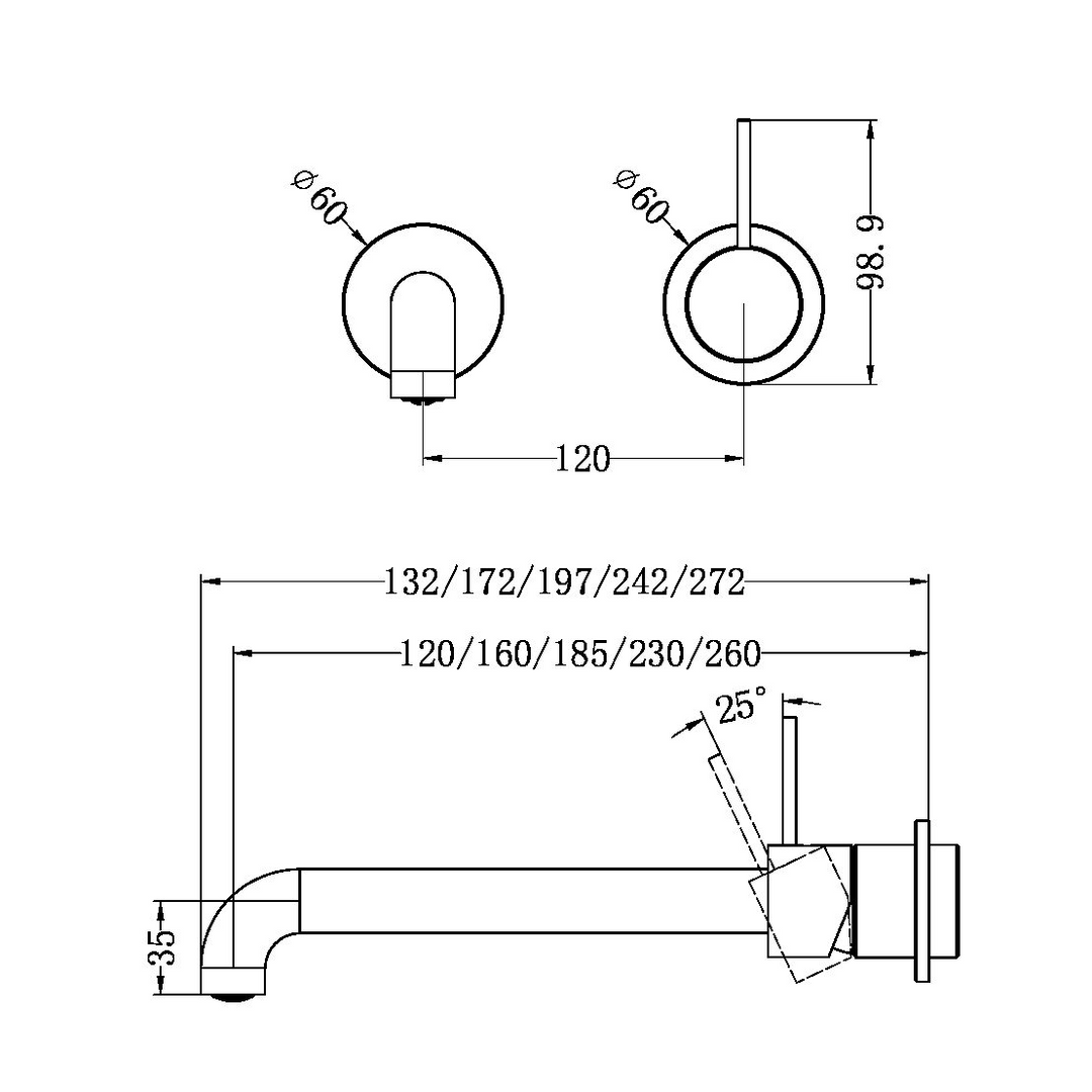 Nero Mecca Wall Basin/Bath Mixer Separate Back Plate Handle Up 120/160/185/230/260mm Trim Kits Only Chrome