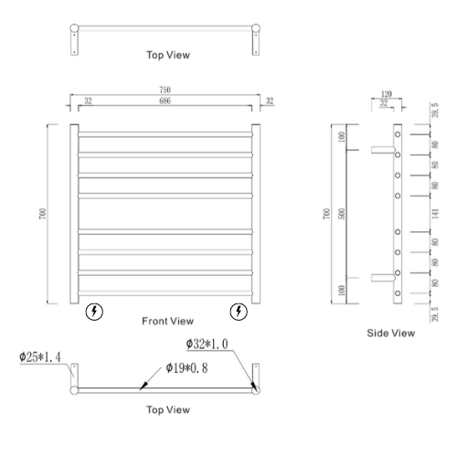 Modern National Mirage 8 Bar Wide Heated Towel Rail