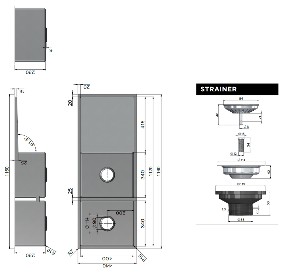 Meir Lavello Kitchen Sink - Double Bowl & Drainboard 1160 x 440 - PVD