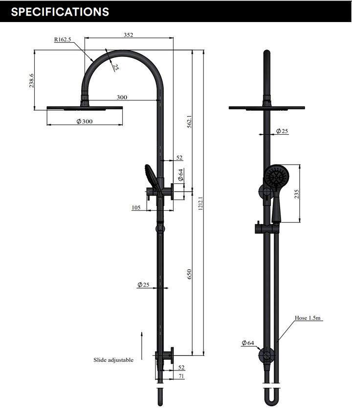 Meir Round Gooseneck Shower Set With 200mm/300mm Rose, One/Three-Function Hand Shower