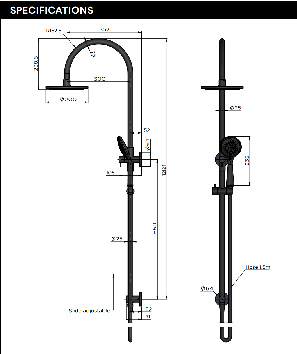 Meir Round Gooseneck Shower Set With 200mm/300mm Rose, One/Three-Function Hand Shower