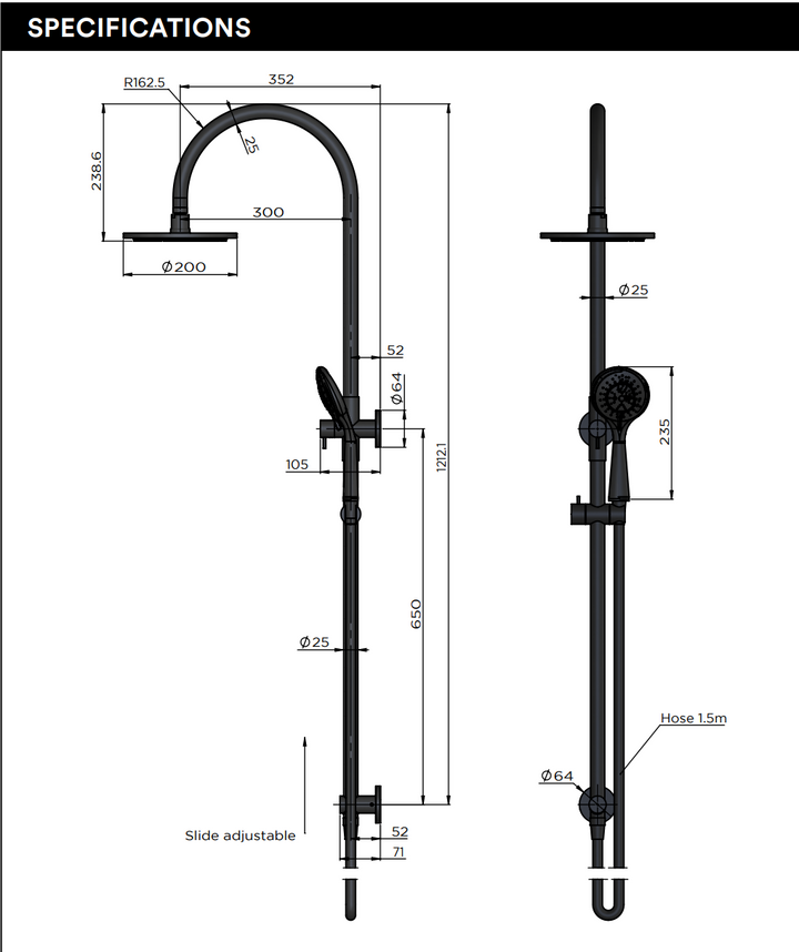 Meir Round Gooseneck Shower Set With 200mm/300mm Rose, One/Three-Function Hand Shower