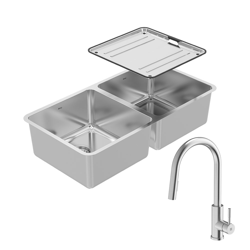 Abey Lago Double Bowl Sink Package with 304 Gooseneck Pull Out Kitchen Mixer