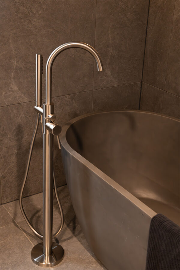 Nero Mecca Round Freestanding Mixer With Hand Shower Brushed Nickel