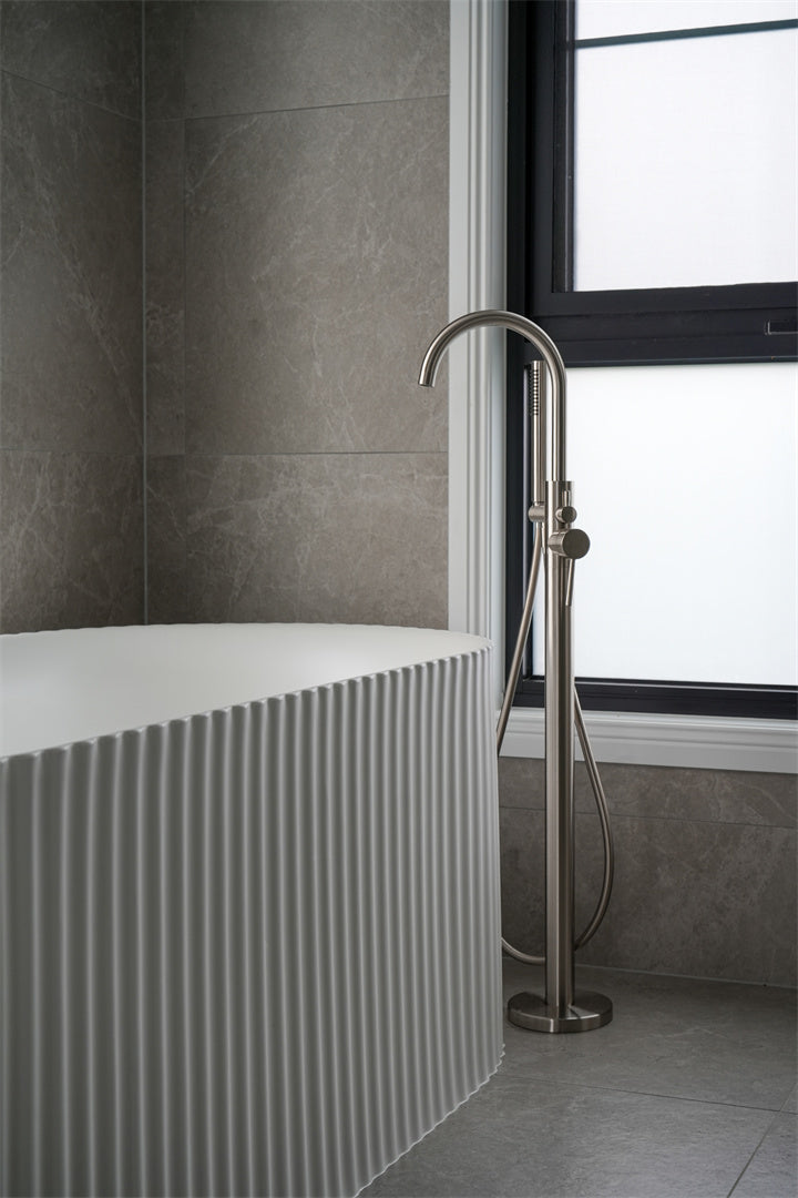 Nero Mecca Round Freestanding Mixer With Hand Shower Brushed Nickel