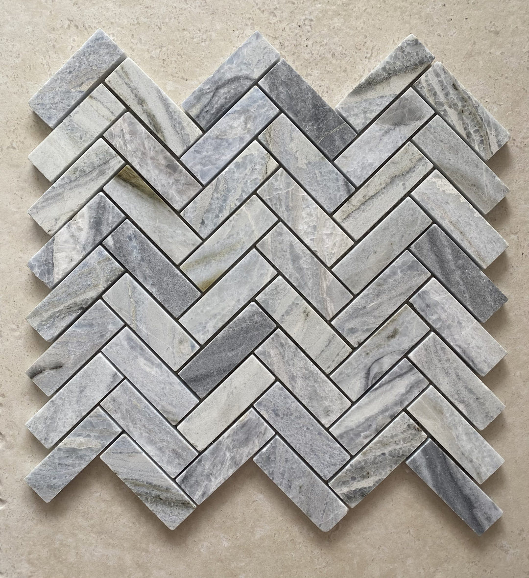 Nestos Blue Honed Herringbone Mosaic