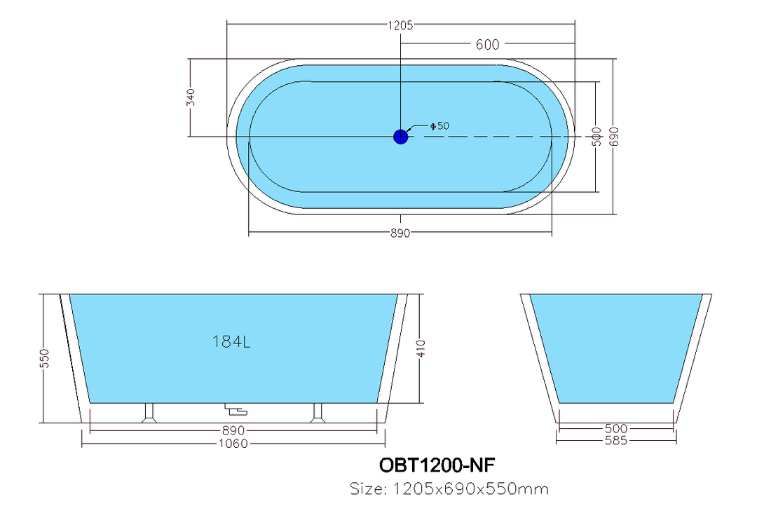 Ovia Freestanding Bathtub Gloss White 1200mm