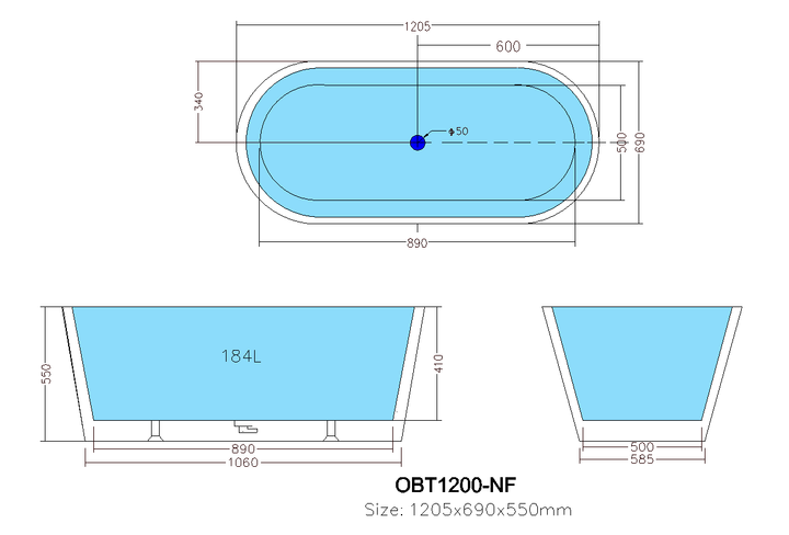 Ovia Freestanding Bathtub Gloss White 1200mm