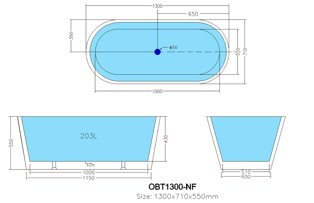 Ovia Free Standing Bathtub Gloss White 1300mm