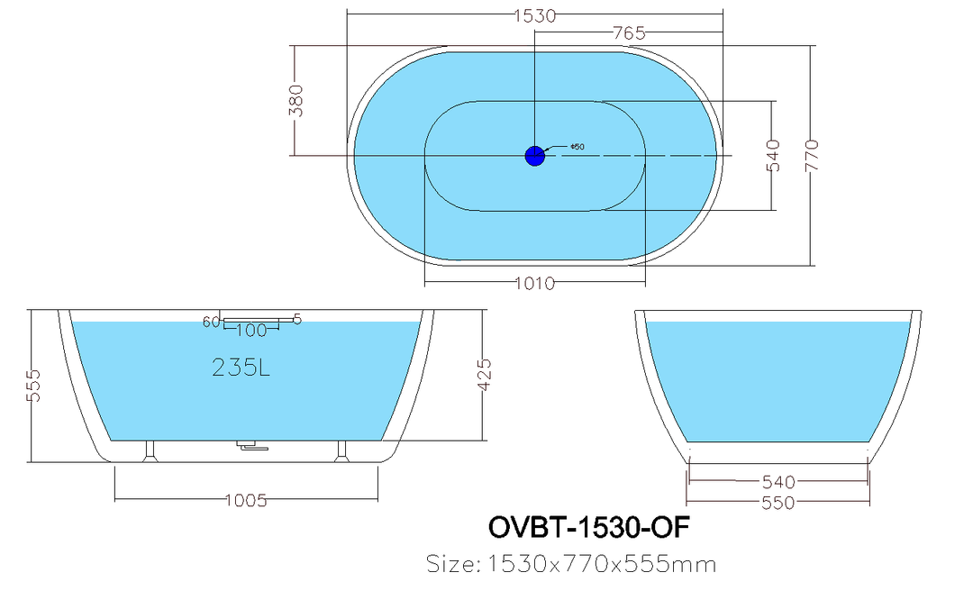 Olivia Free Standing Bathtub Matte White 1530mm