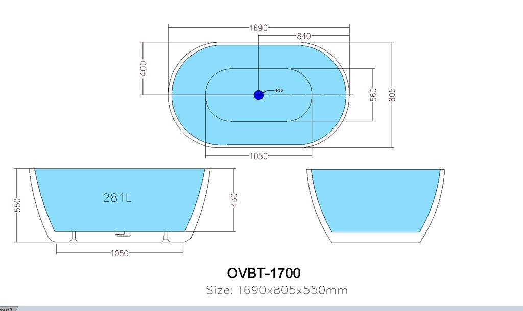 Olivia Freestanding Oval Bathtub No Overflow 1690x805x550mm